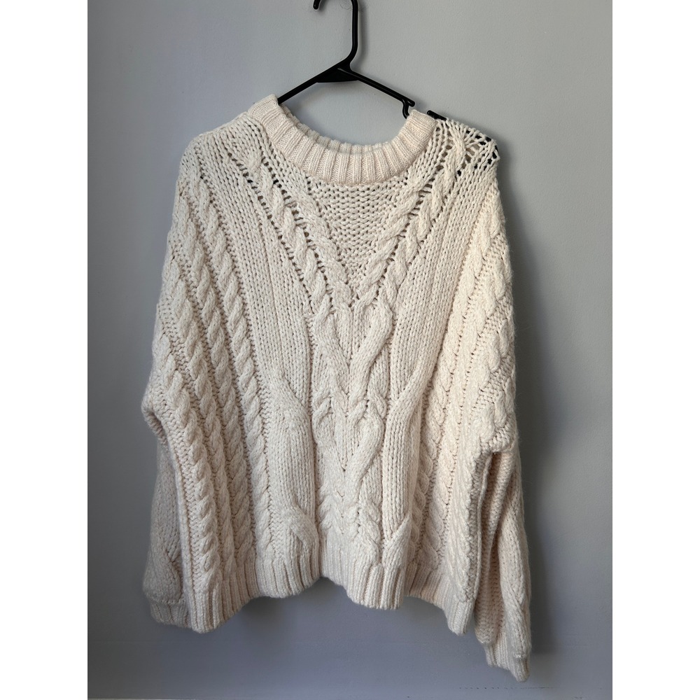 Aerie Oversized Cable Knit Sweater Cream Ivory Crew Neck Chunky Pullover Small